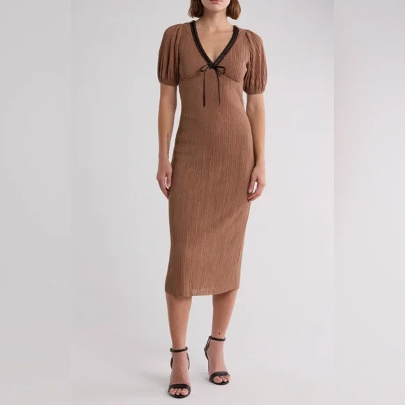 Lush Lace Bow Ribbed Midi Dress in Tan at Nordstrom Rack, Size X-Small